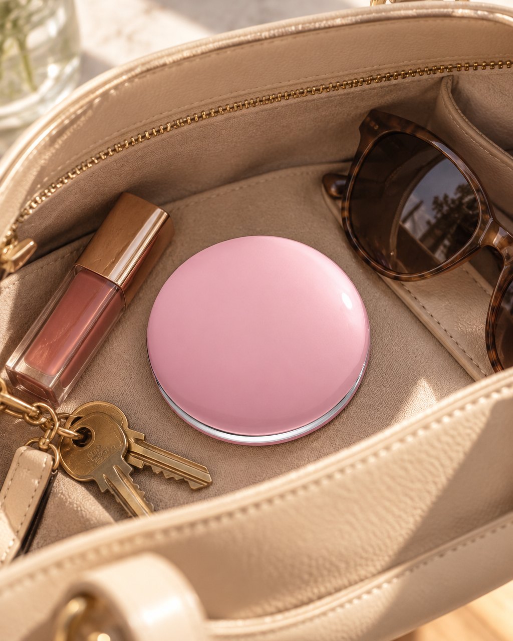 Pink compact mirror next to a lipstick and keys in an open handbag