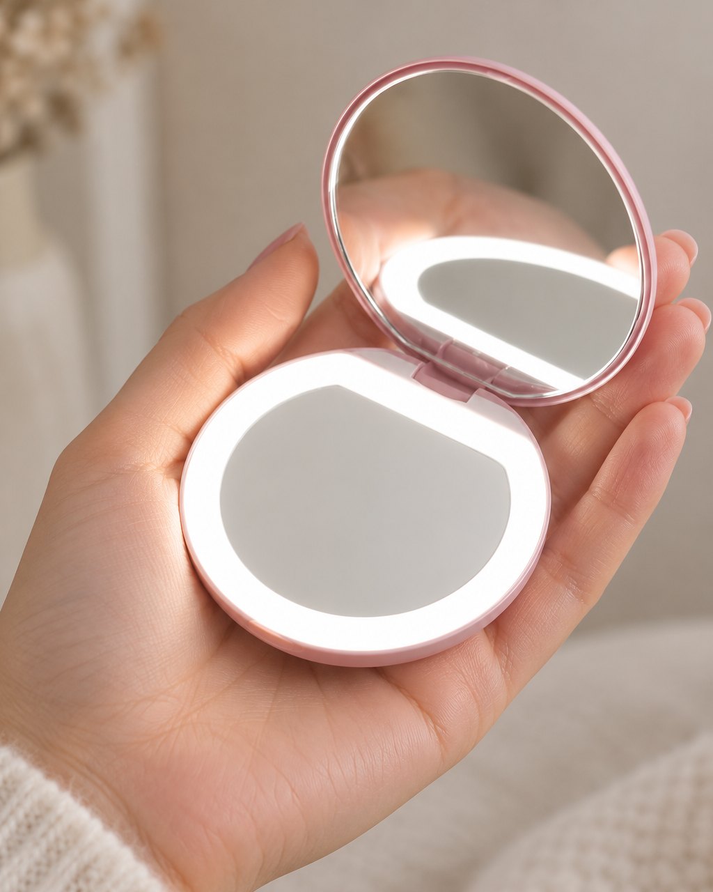 The open compact held in one palm, glowing softly