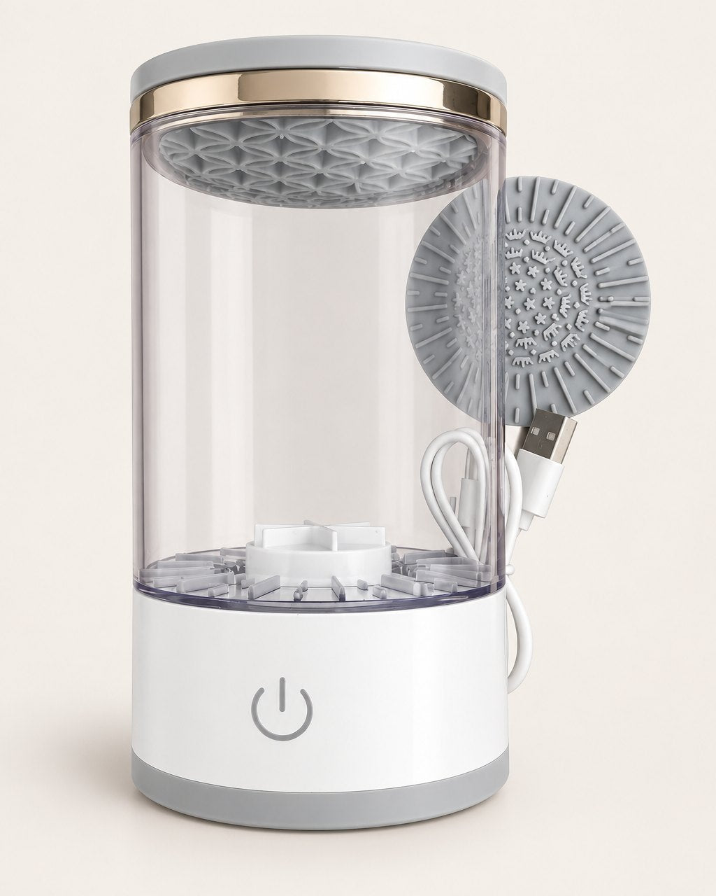 Brush cleaner with a clear jar and white base