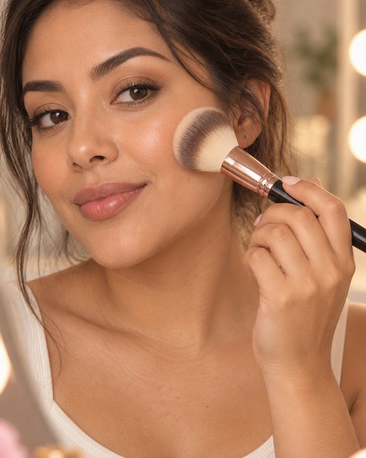 Woman buffing foundation onto her cheek with a fluffy face brush