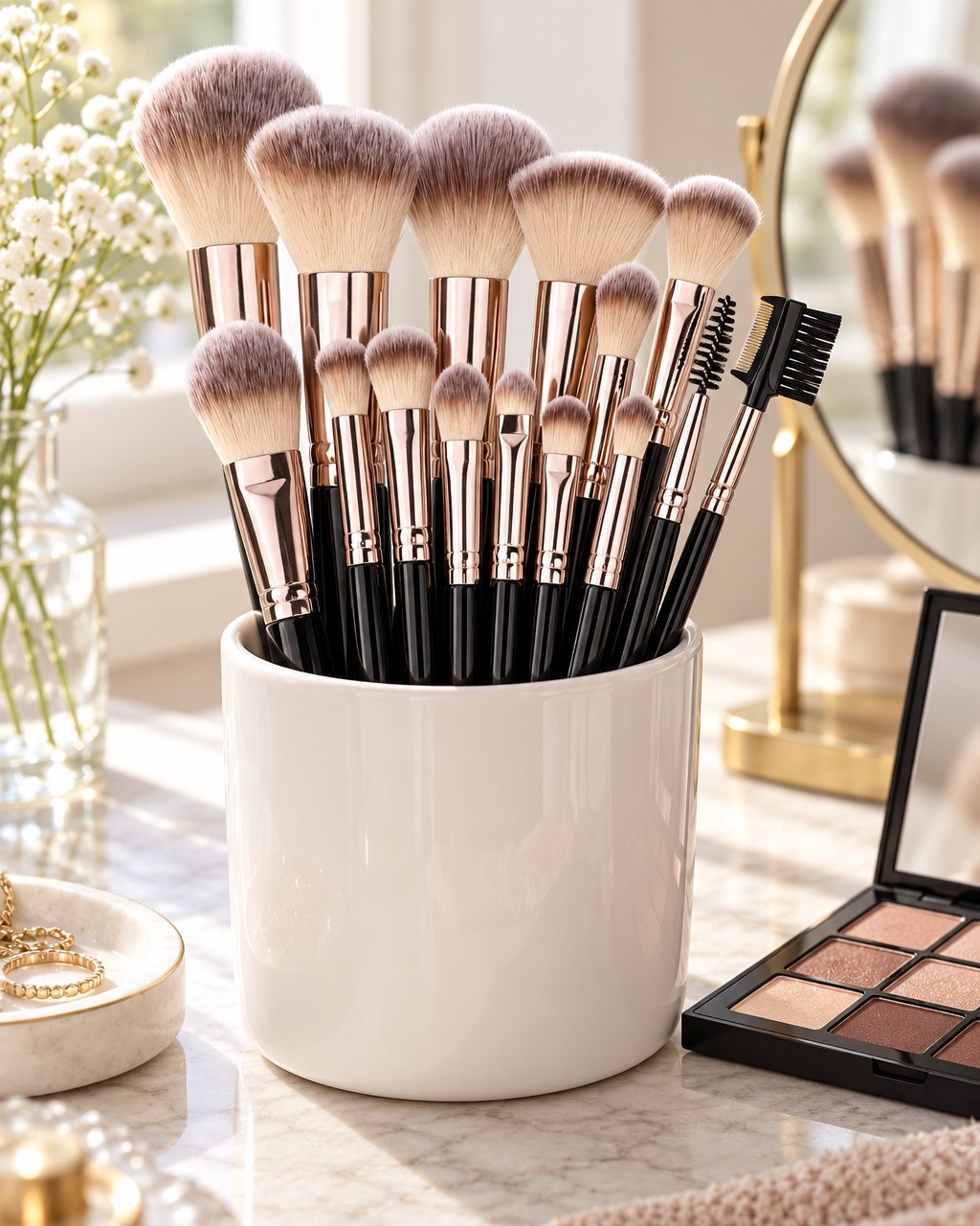 Brushes standing in a cup on a vanity beside an eyeshadow palette