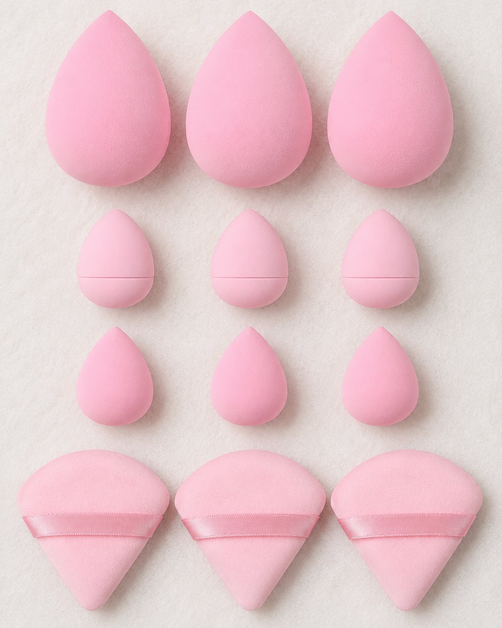 All twelve pink pieces laid out in neat rows from above