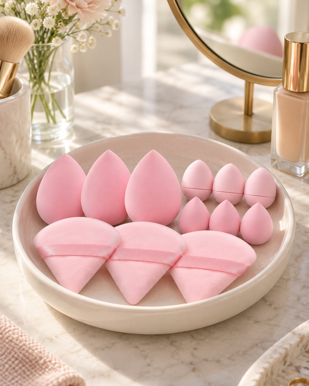 Pink sponges and puffs in a dish on a vanity beside a mirror