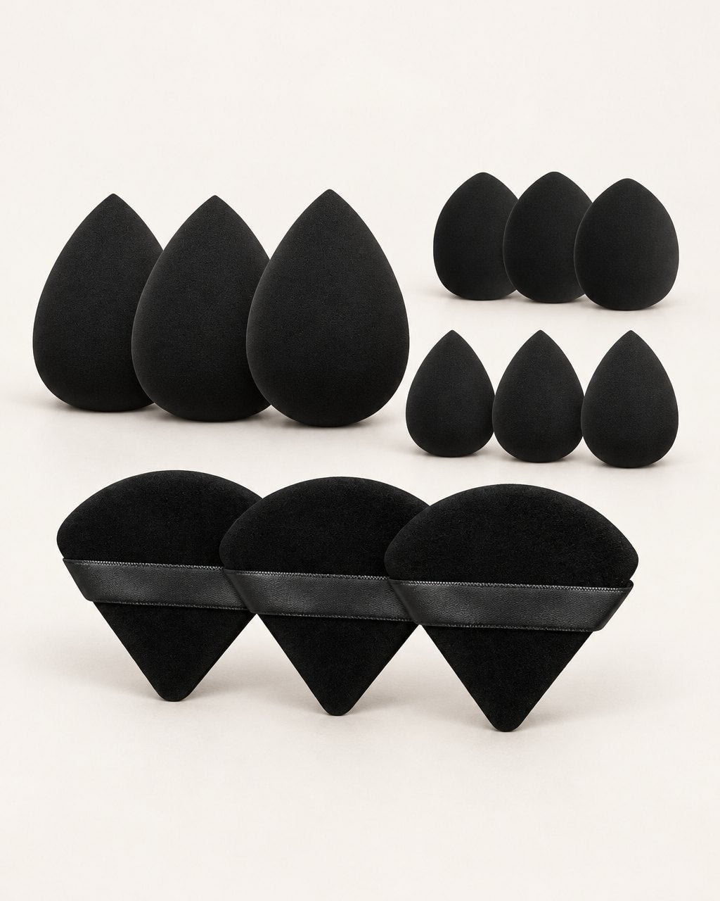 Black set of twelve makeup sponges and triangle powder puffs