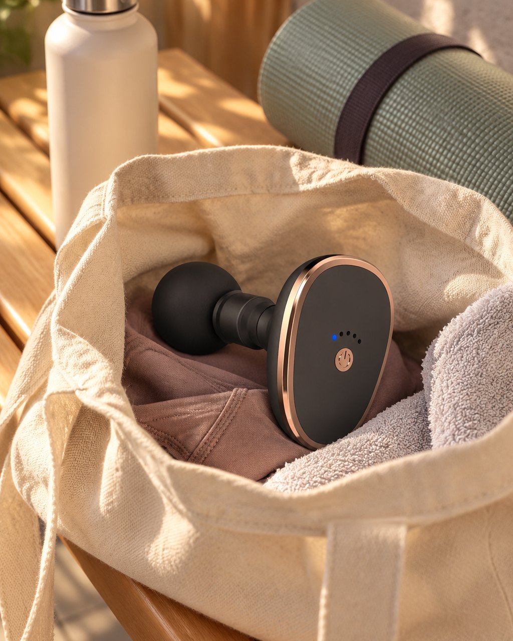 Mini massage gun in an open tote bag beside a water bottle and a rolled towel
