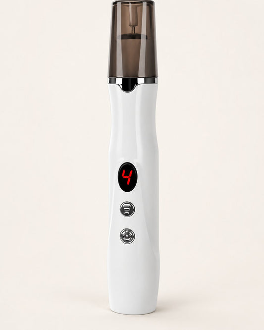 White nail polishing pen with tinted cap and red digital display on a light background