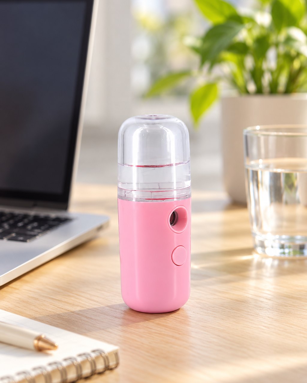 Nano mister on a desk beside a laptop and a glass of water