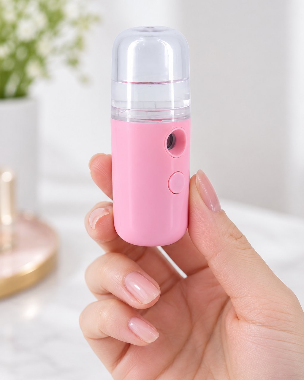 The nano mister held between fingers, about the size of a lipstick case
