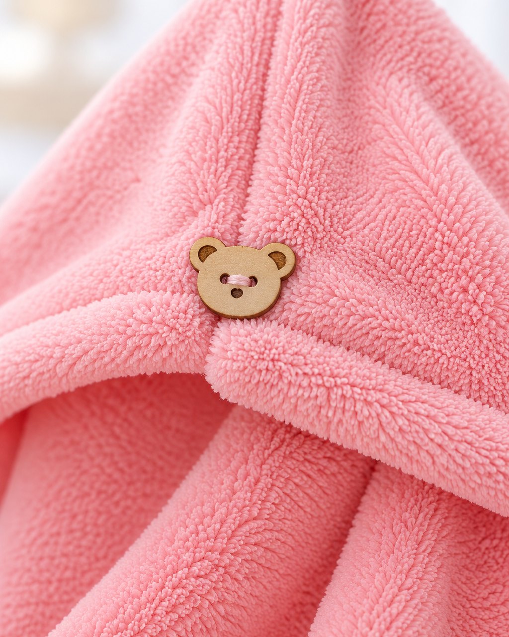 Close-up of the soft, plush pink fabric and a bear-shaped button