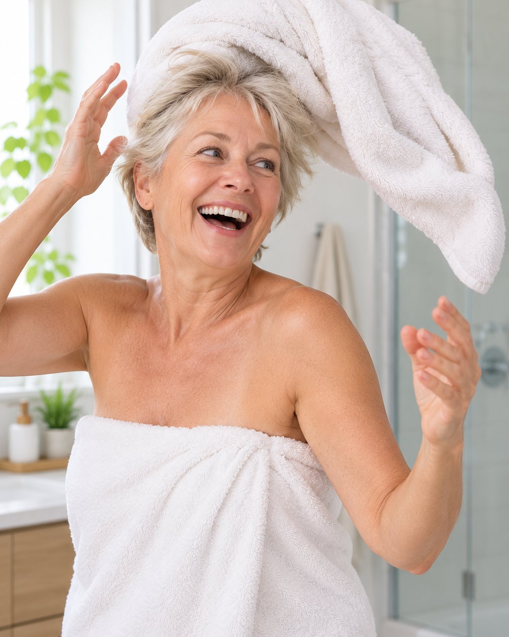 A woman laughs as a heavy bath towel turban slides off her head