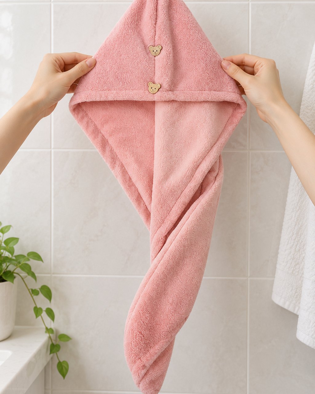 Two hands hold the towel wrap up flat, showing its full length and hood