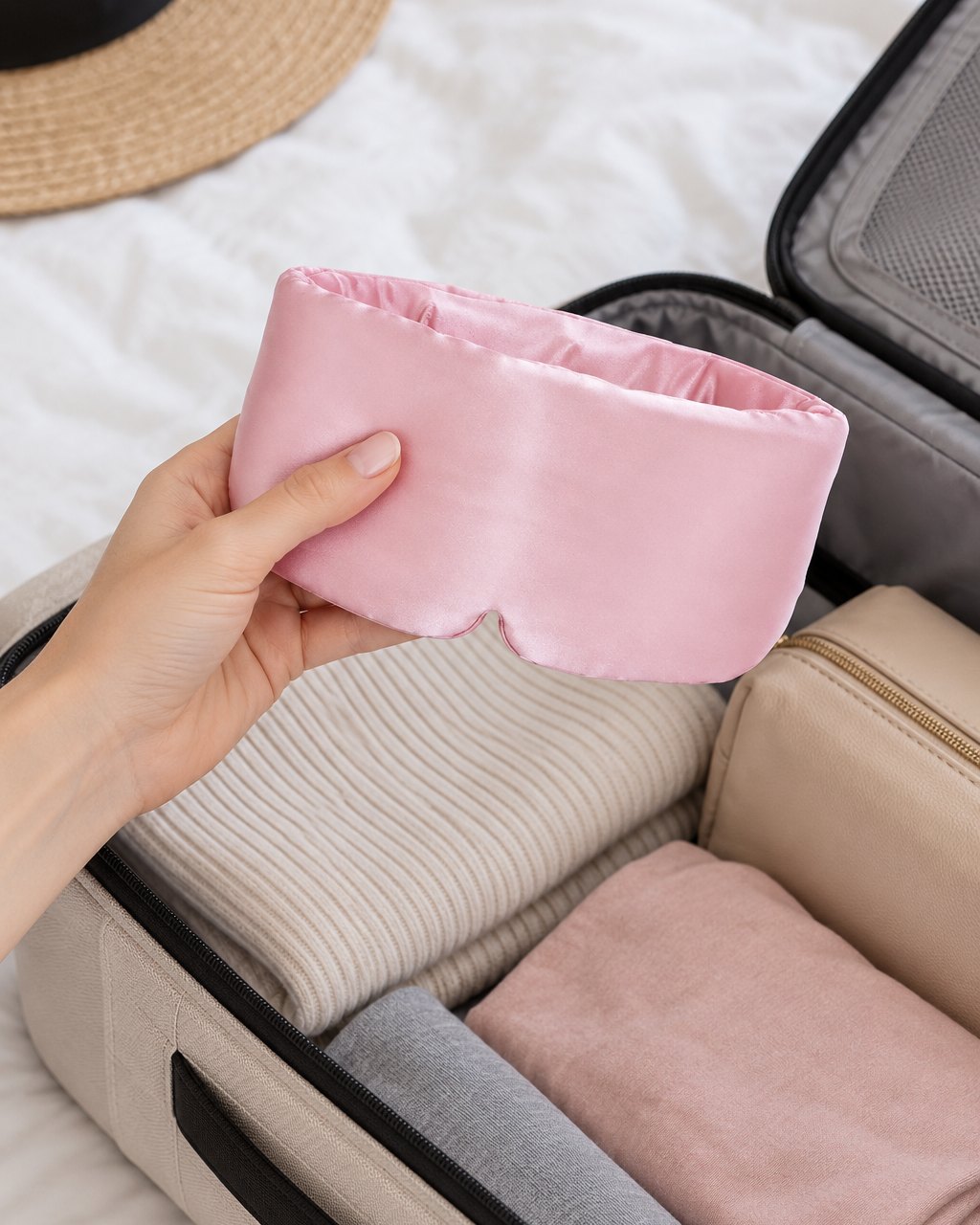 The sleep mask folded flat in one hand above a travel bag
