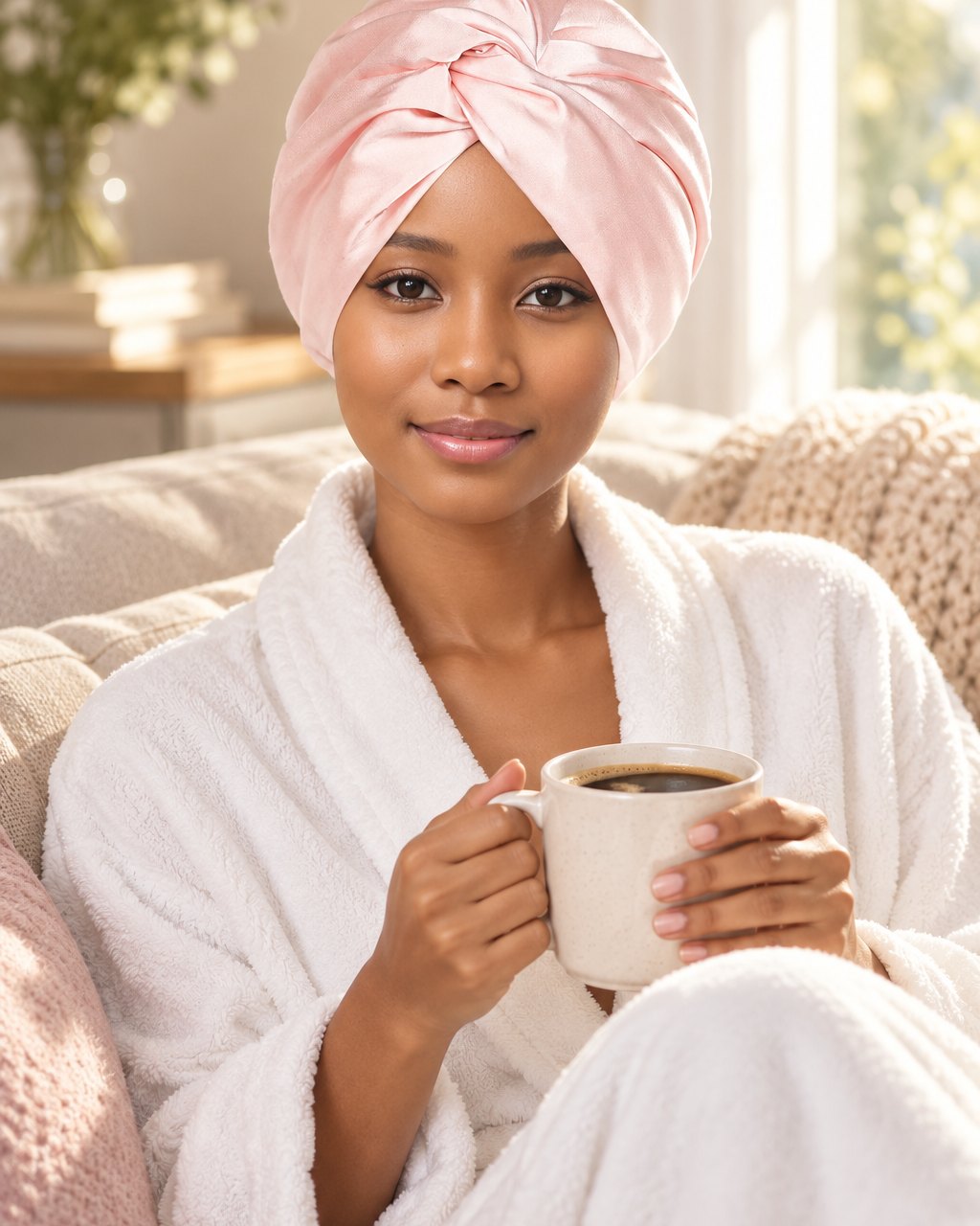 Woman in a robe with coffee, hair wrapped in the pink satin twist turban