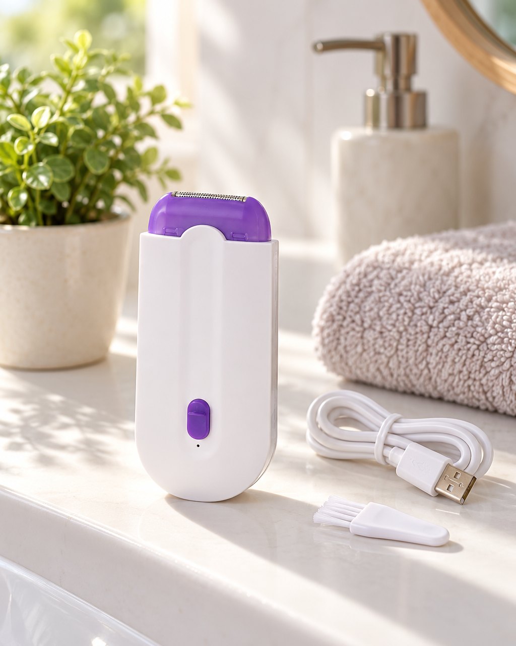 Hair remover with its cable and brush on a bathroom shelf beside a folded towel