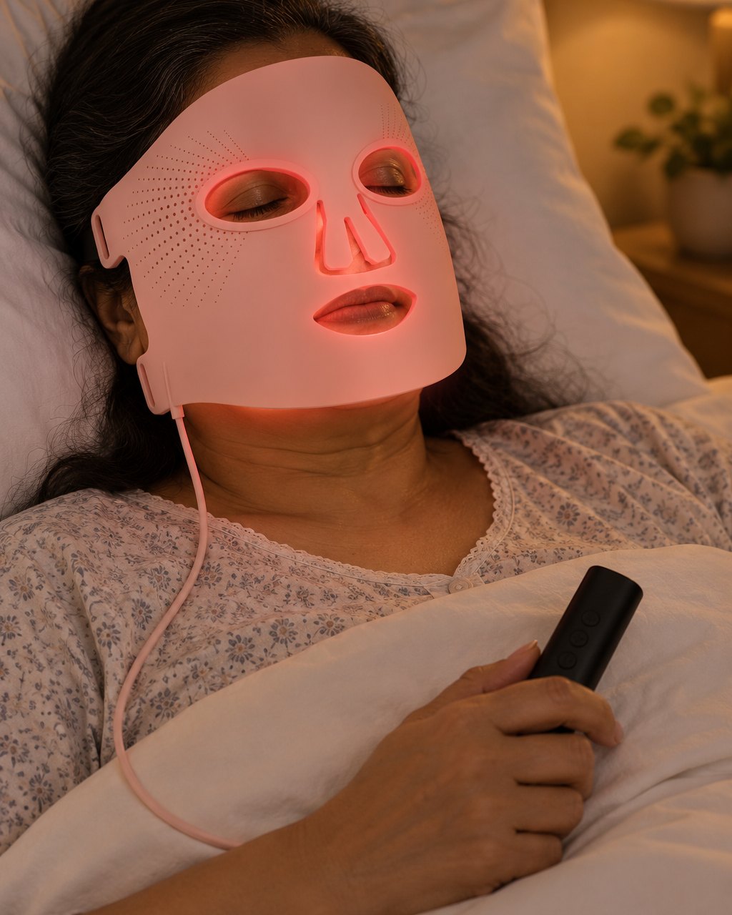 Woman lying back with eyes closed, the pink silicone mask glowing red on her face