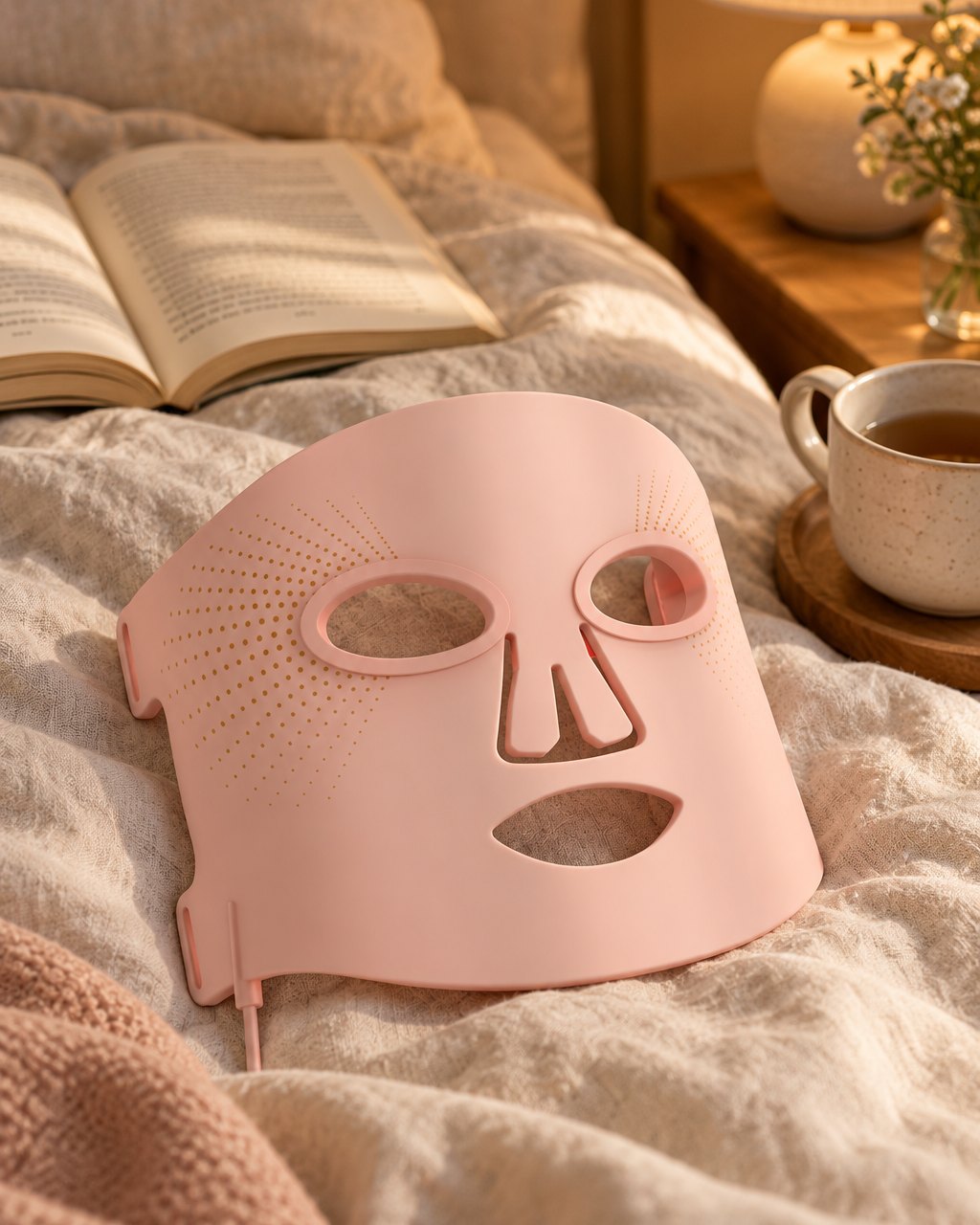 Pink silicone LED mask on a linen-covered bed beside a cup of tea and a book