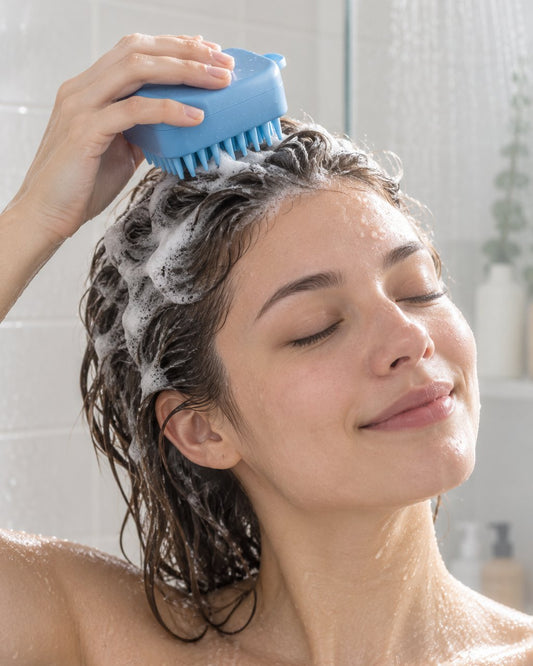 Woman working the blue scalp brush through shampooed hair in the shower