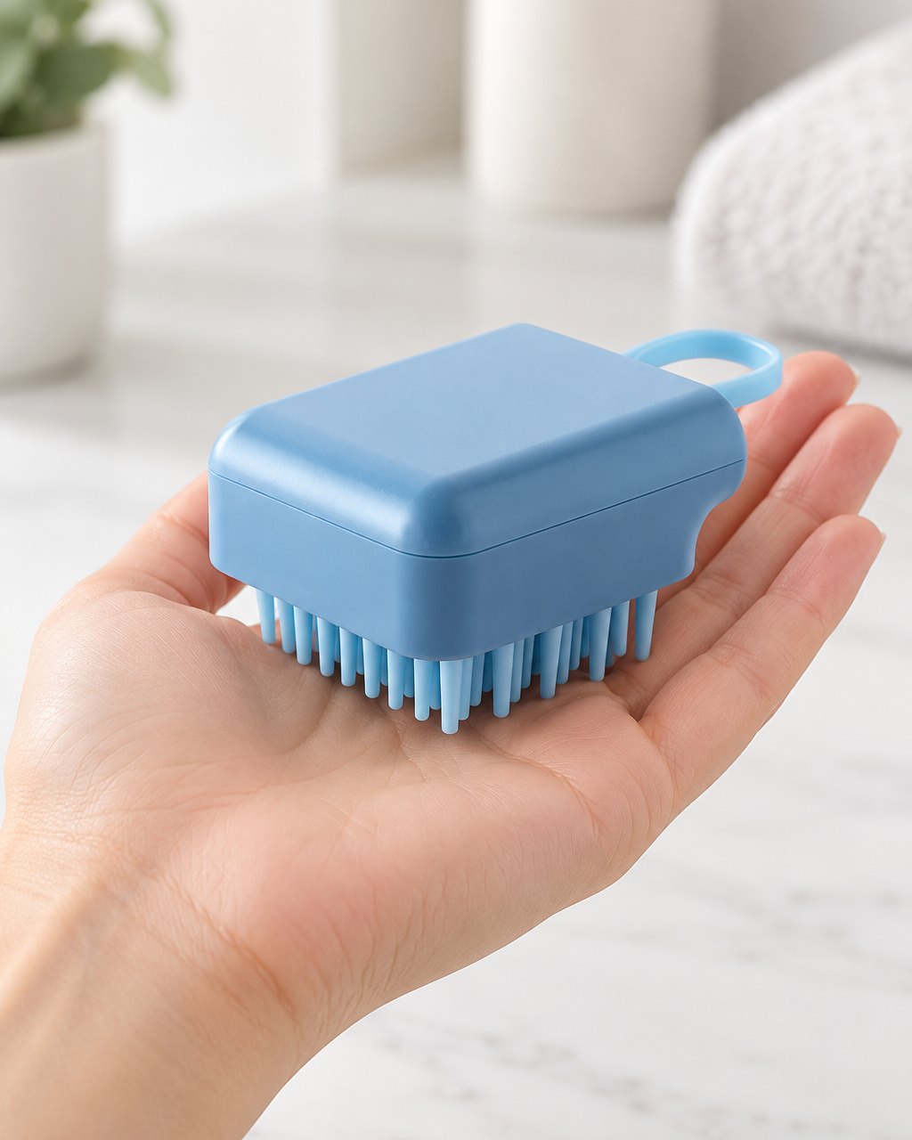 The scalp brush resting in a woman's palm