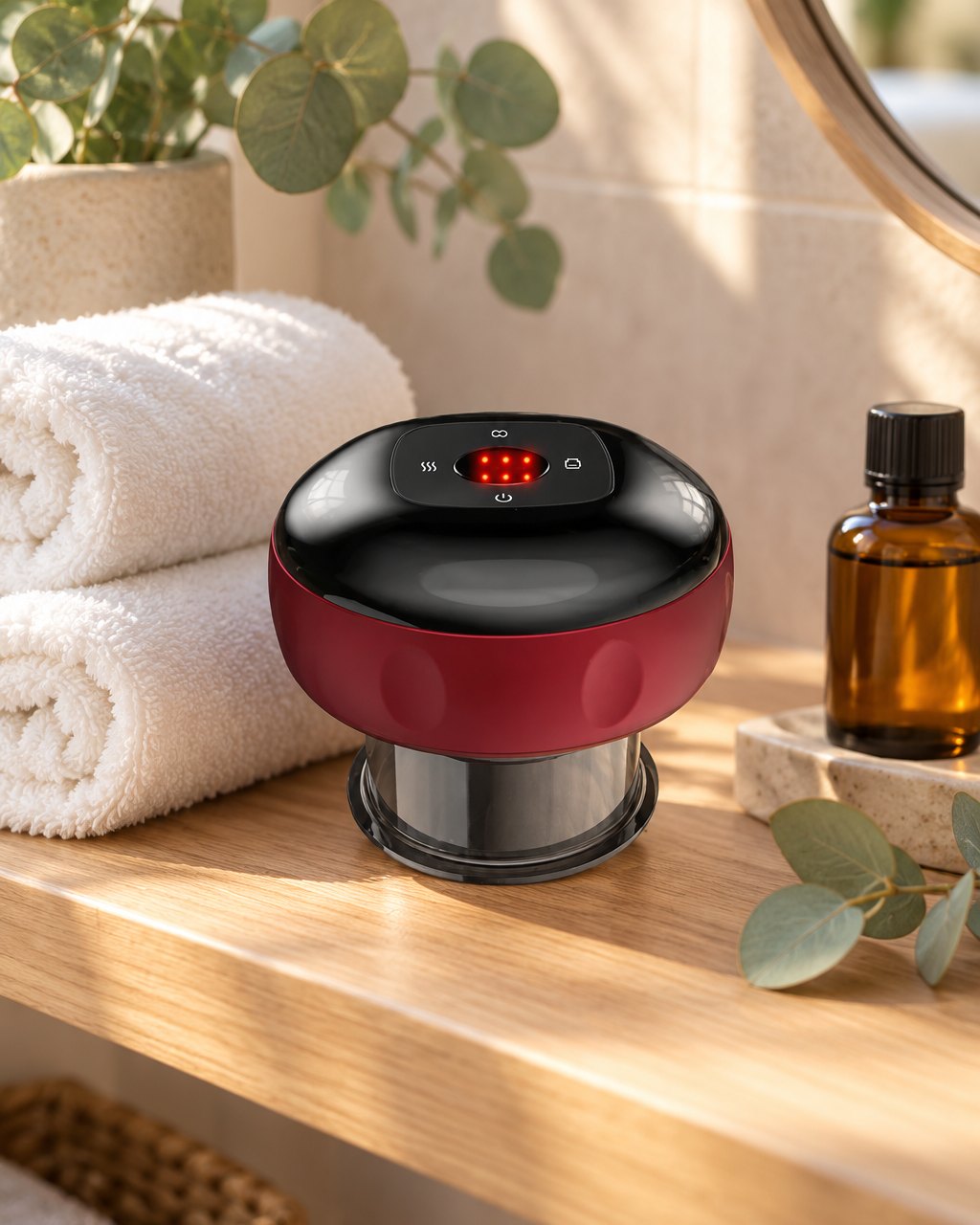 Red cupping massager on a bathroom shelf beside rolled towels and a bottle of body oil