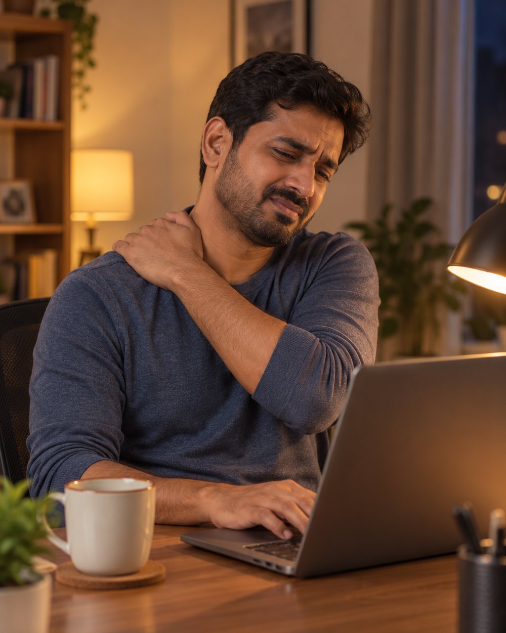 Man at a laptop late in the evening rubbing his tight shoulder