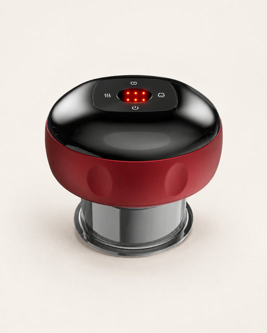 Red and black smart cupping massager with a clear cup, on a light background