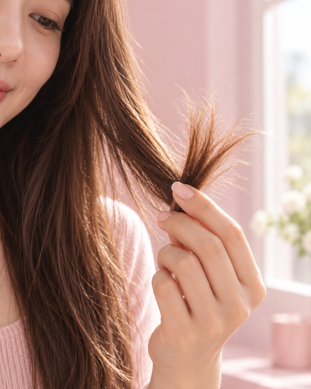 Fingers holding the frayed ends of a long hair section up to window light