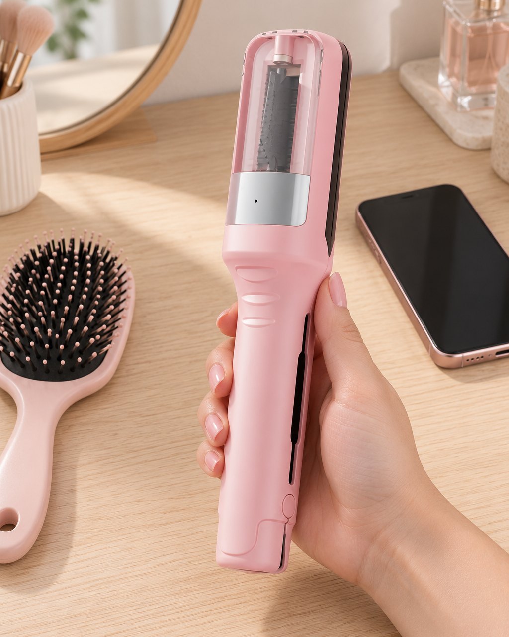 The trimmer held upright in one hand next to a hairbrush and a phone