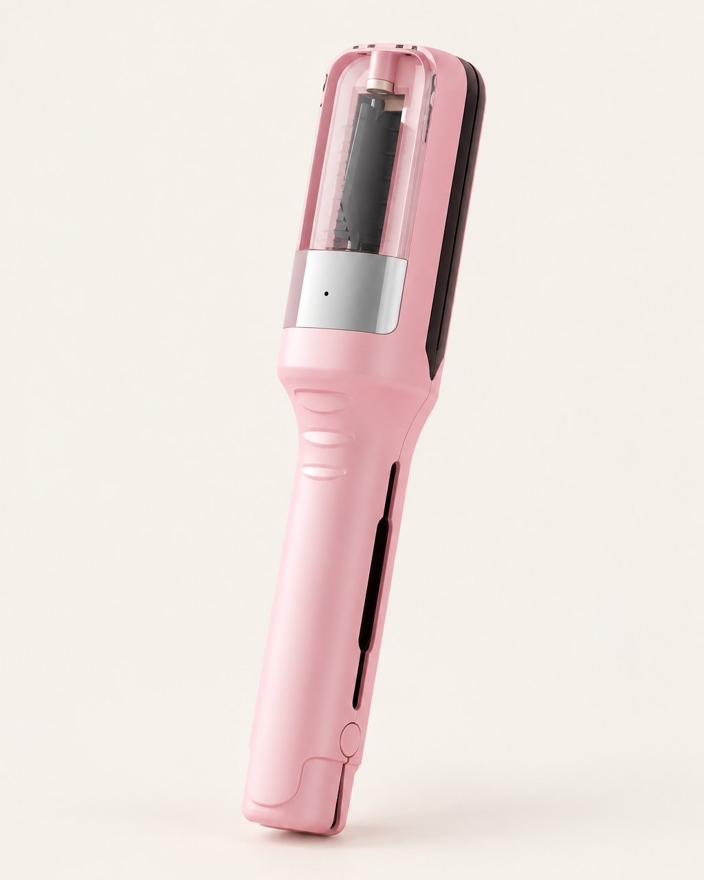 Pink cordless split end trimmer with a clear blade window, standing on a light background