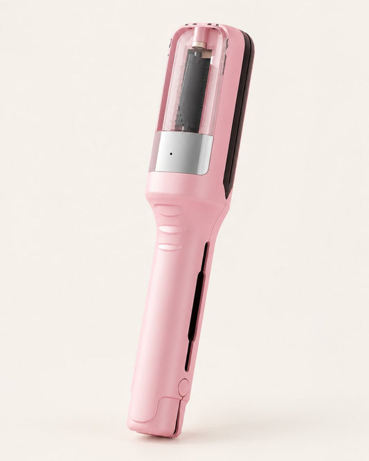 Pink cordless split end trimmer with a clear blade window, standing on a light background