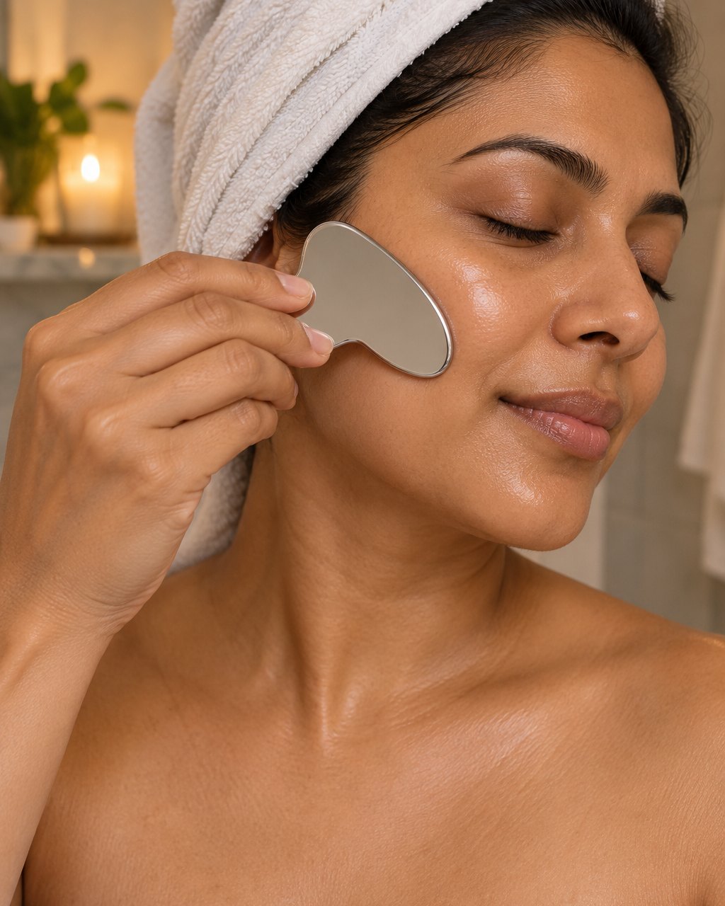 Woman gliding the steel gua sha along her cheekbone after applying face oil