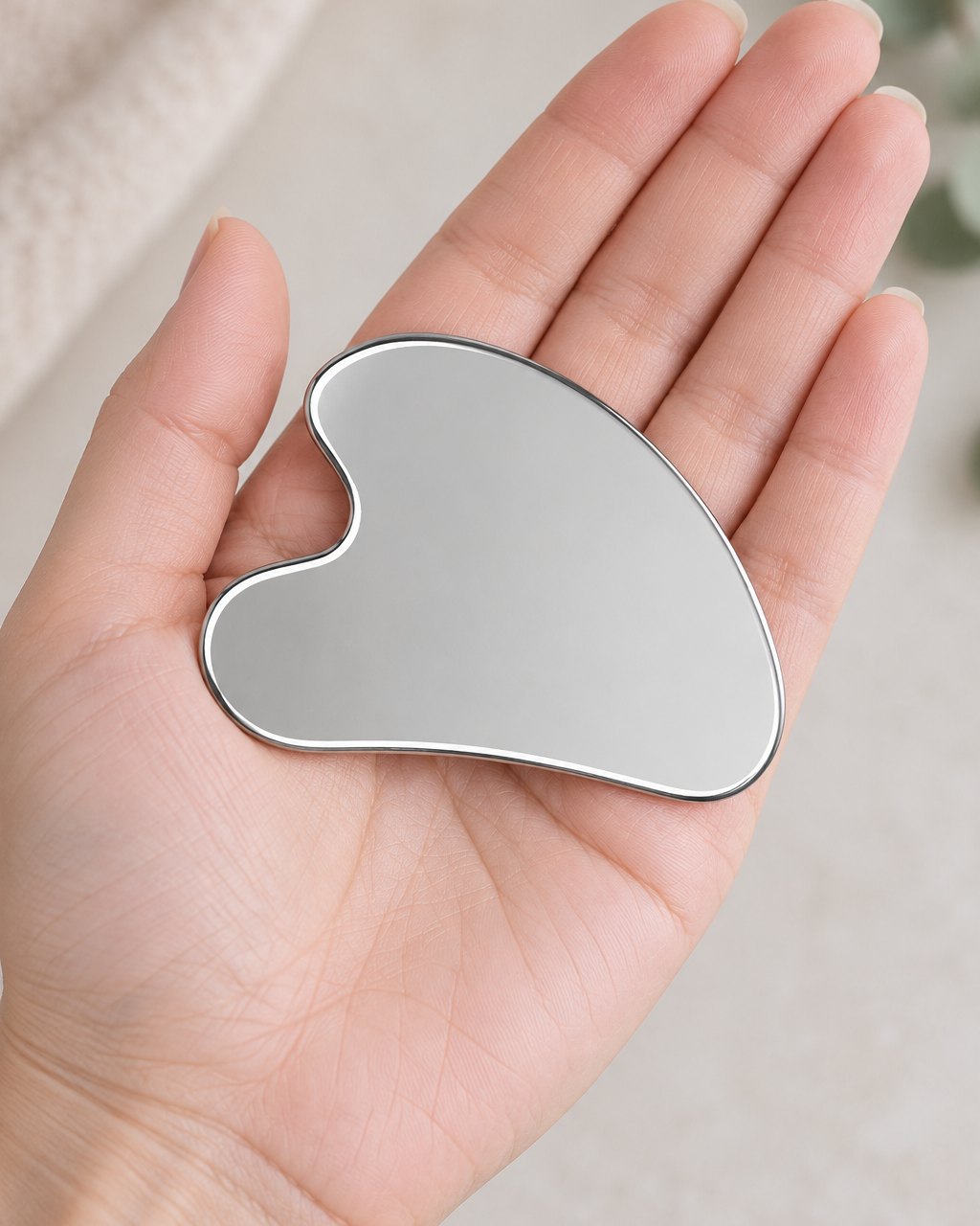 The steel gua sha resting flat in an open palm, showing its small size