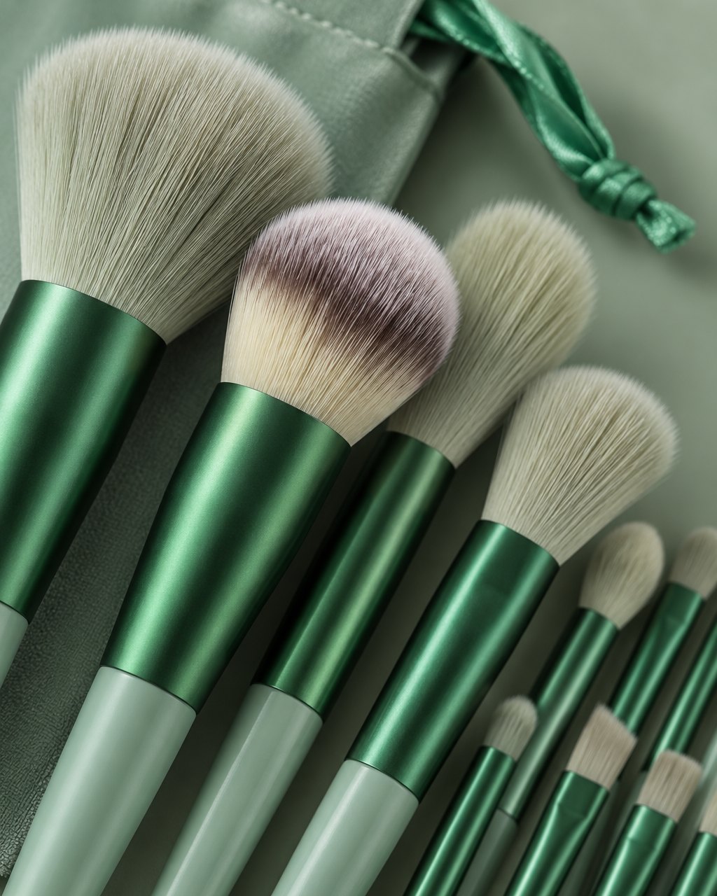 Close-up of the soft, fluffy brush tips in sage and cream