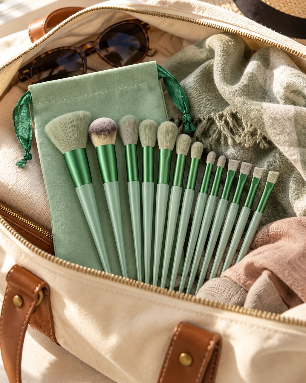 Brush set and pouch packed in an open weekend bag beside sunglasses