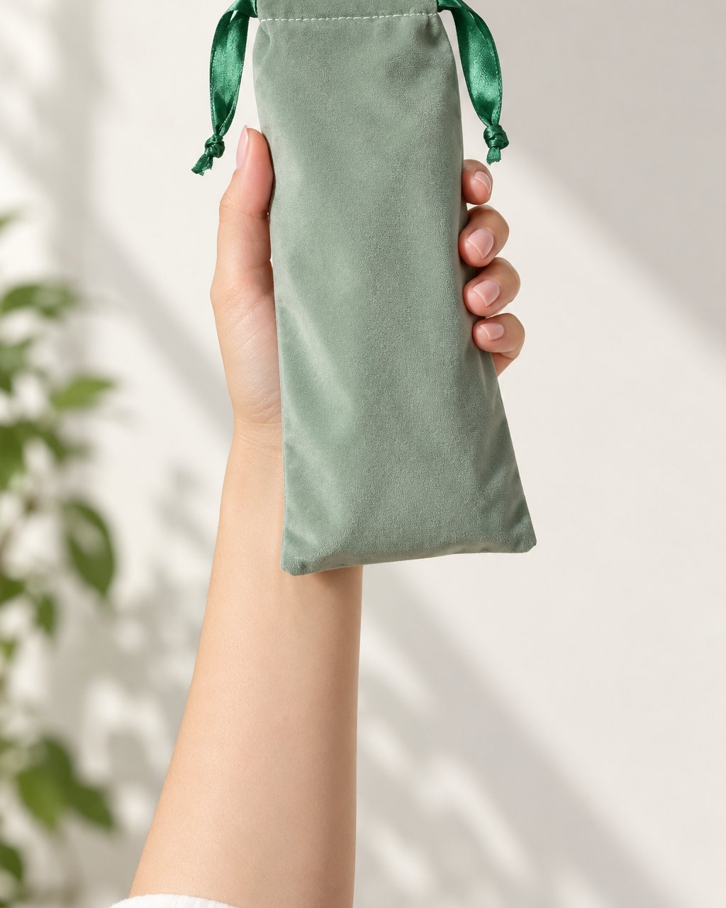 The closed drawstring pouch held in one hand