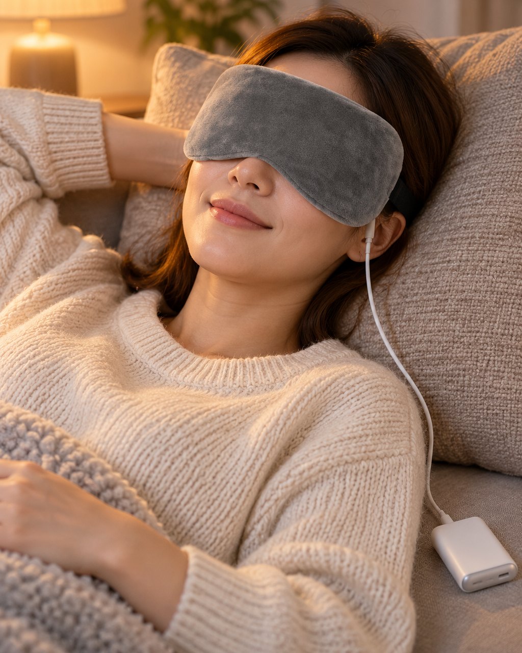 Woman resting on a sofa wearing the grey heated eye mask plugged into a power bank