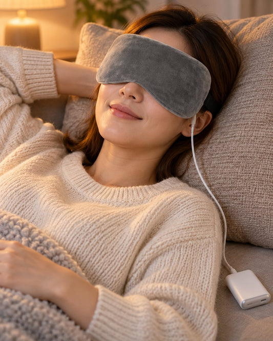 Woman resting on a sofa wearing the grey heated eye mask plugged into a power bank