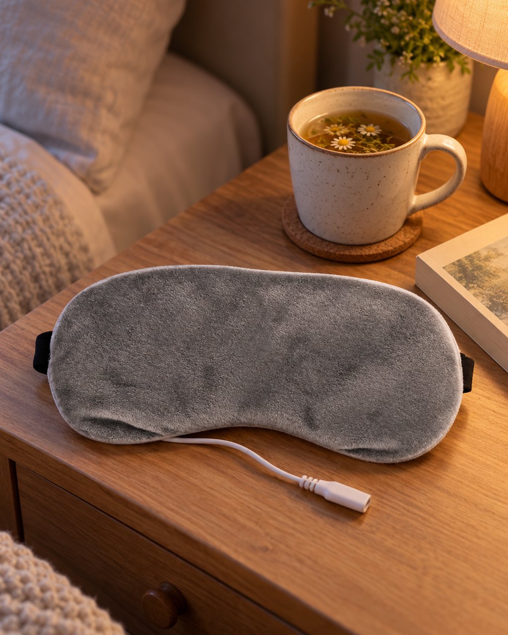 Heated eye mask on a bedside table beside a mug of tea and a book