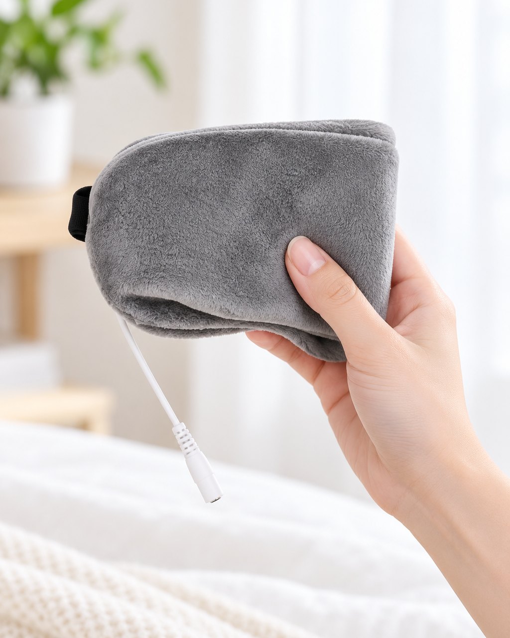 The eye mask folded in half in one hand