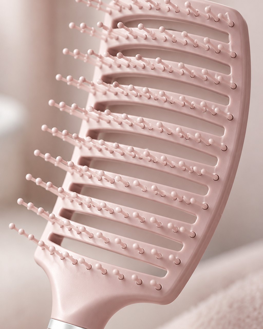 Close-up of the curved, vented head and ball-tipped bristles