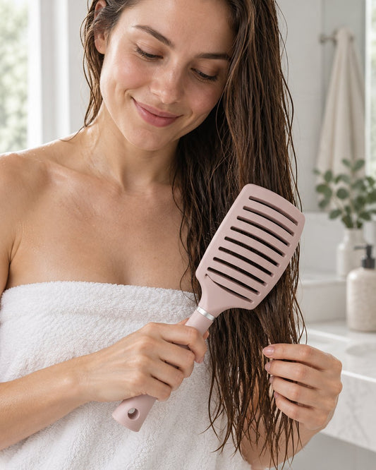 Woman brushing the ends of her long wet hair with the pink vented brush