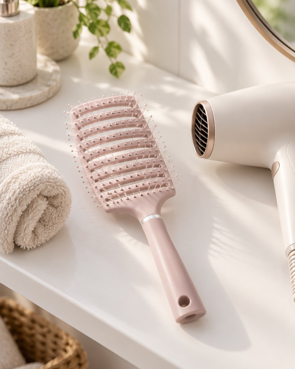 Pink vented brush on a bathroom shelf beside a towel and hair dryer
