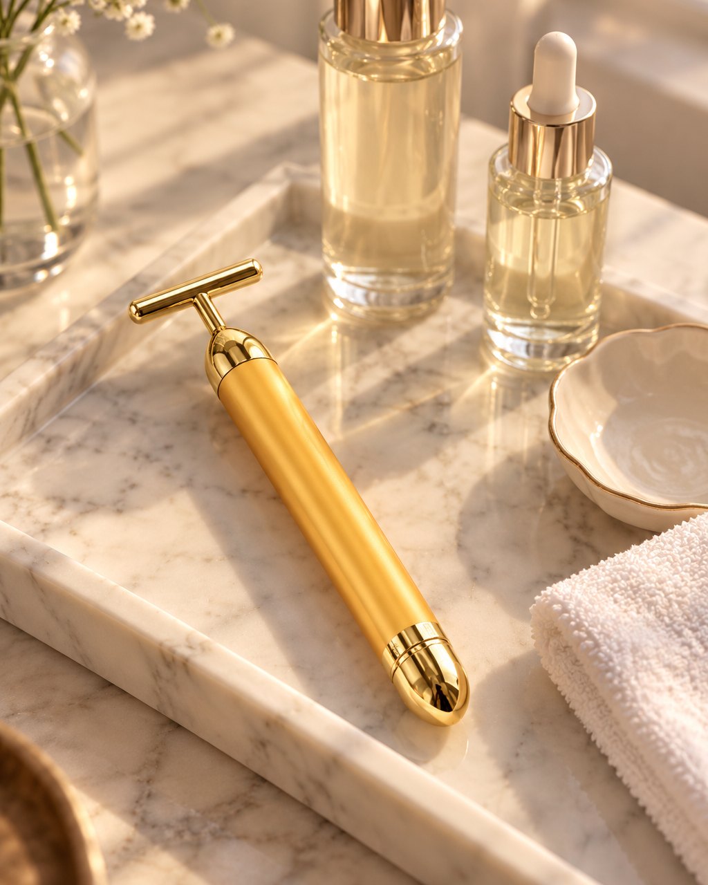 Gold beauty bar on a marble vanity tray beside glass skincare bottles and a folded face cloth