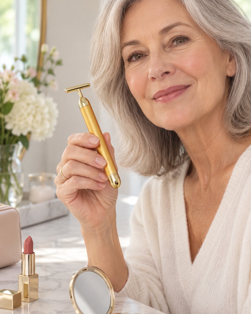 The beauty bar held up in one hand at a vanity, with a lipstick nearby for size